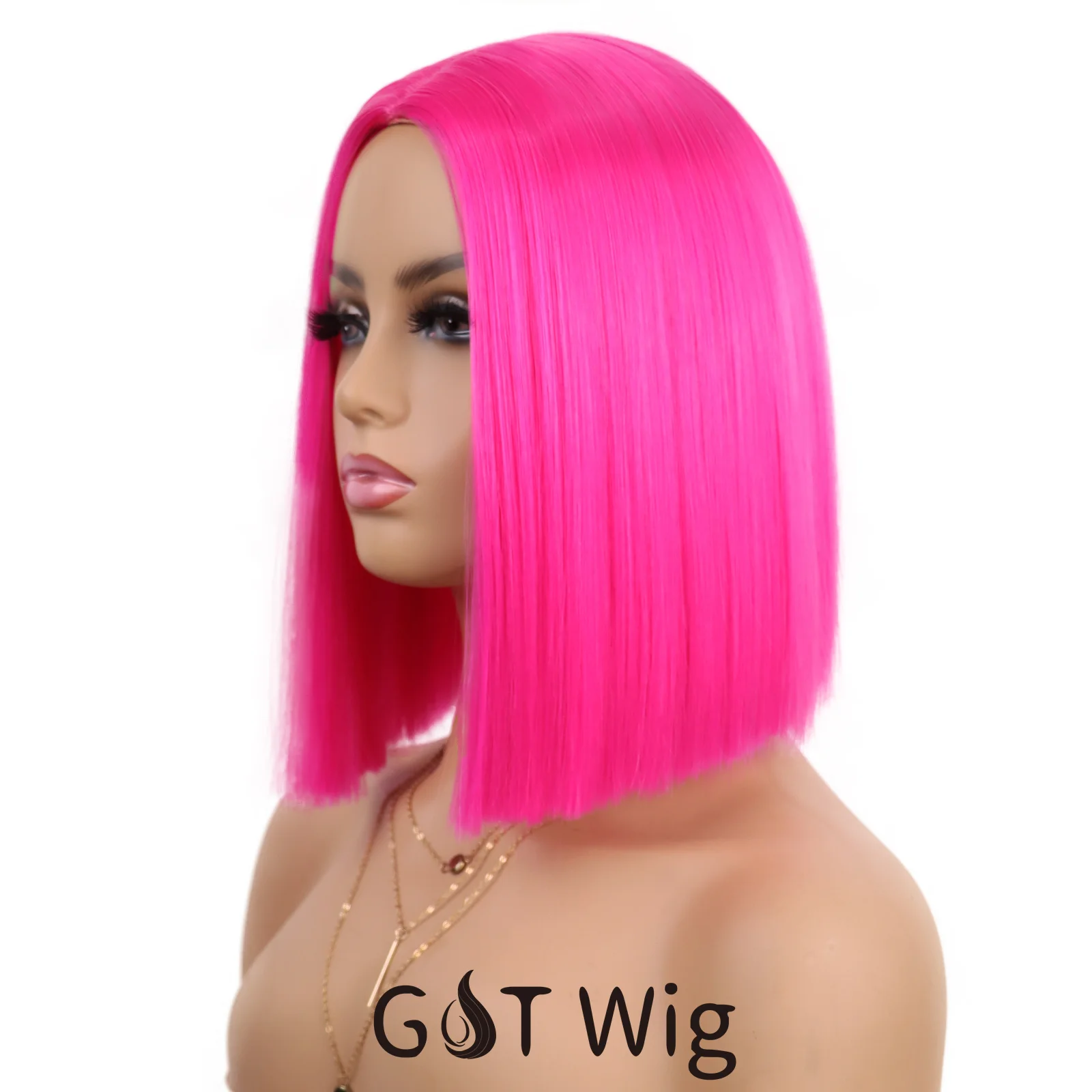 G&T Wig Hot Pink Bob Wig Short Straight Wigs for Women Middle Heat Resistant Synthetic Hair Silky Natural as Real Hair