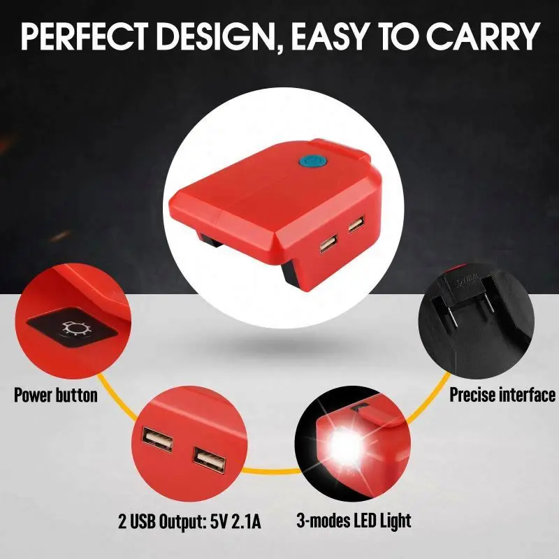 Portable Power LED Work Light 2 USB Port Battery Adapter For Makitas Dewei Milwaukee Baide 14.4-20V Lithium ADP05