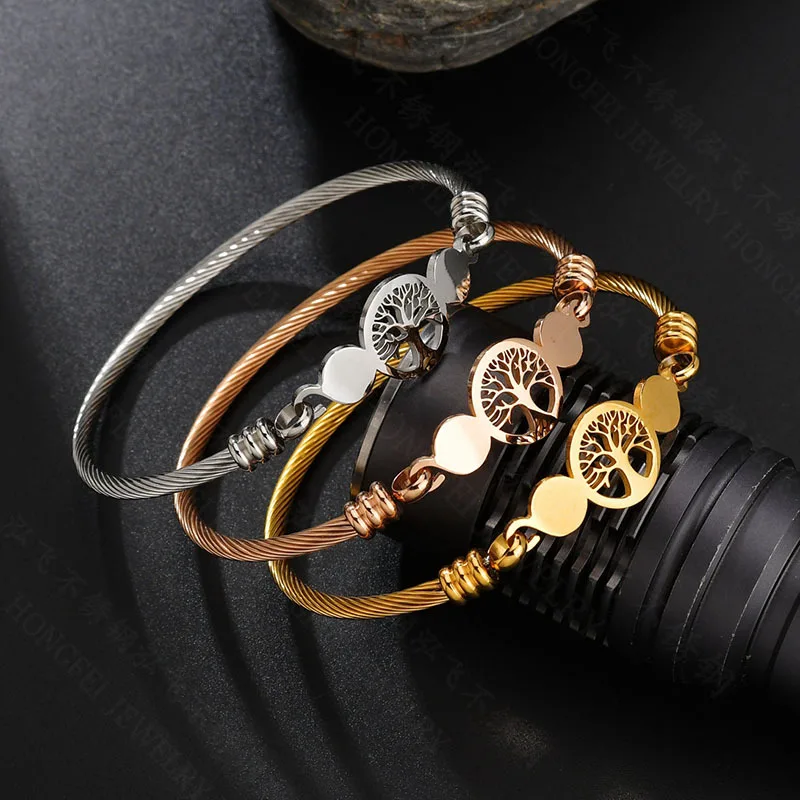 Kingcome Fashion Gold Steel Wire Lucky Tree Bracelet Jewelry Engraved Stainless Steel Hollow Tree Of Life Bangle Bracelet