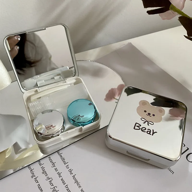 Simple Bear Mirror Contact Lenses Case Set Handy Lens Cosmetic Cabinet Travel Korean Style Custom Logo Cosmetic Box Fabricantes