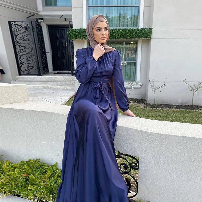 New Arrival Eid Islamic Clothing Elegant Slim Simple Muslim Satin Turkey Formal Wholesale Women Long Maxi Casual Dress