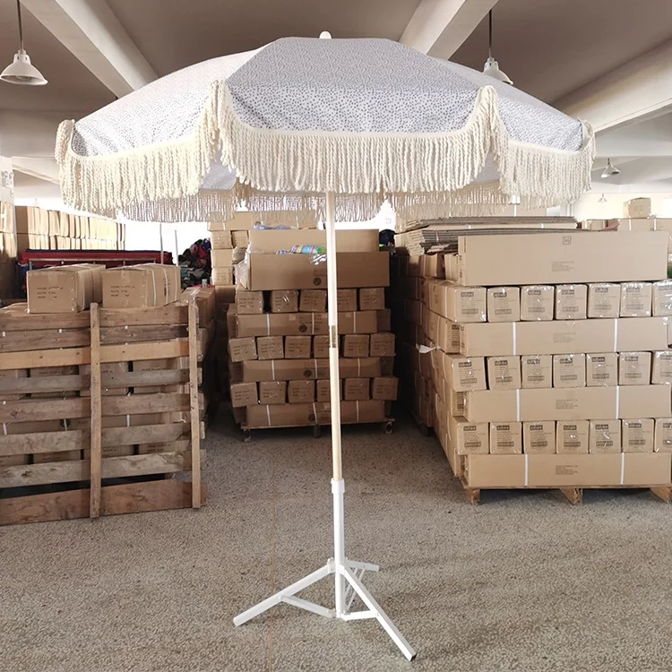 dia 200cm wooden pole garden parsol umbrella with tassels beach umbrella for outdoor parasol