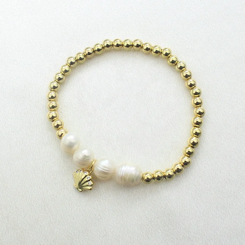 CH-JDT0282 Beautiful Freshwater Pearl Beads Elastic Bracelet Fashion Micro Pave CZ Shell/Angel/Dolphins Charm Bracelet Wholesale