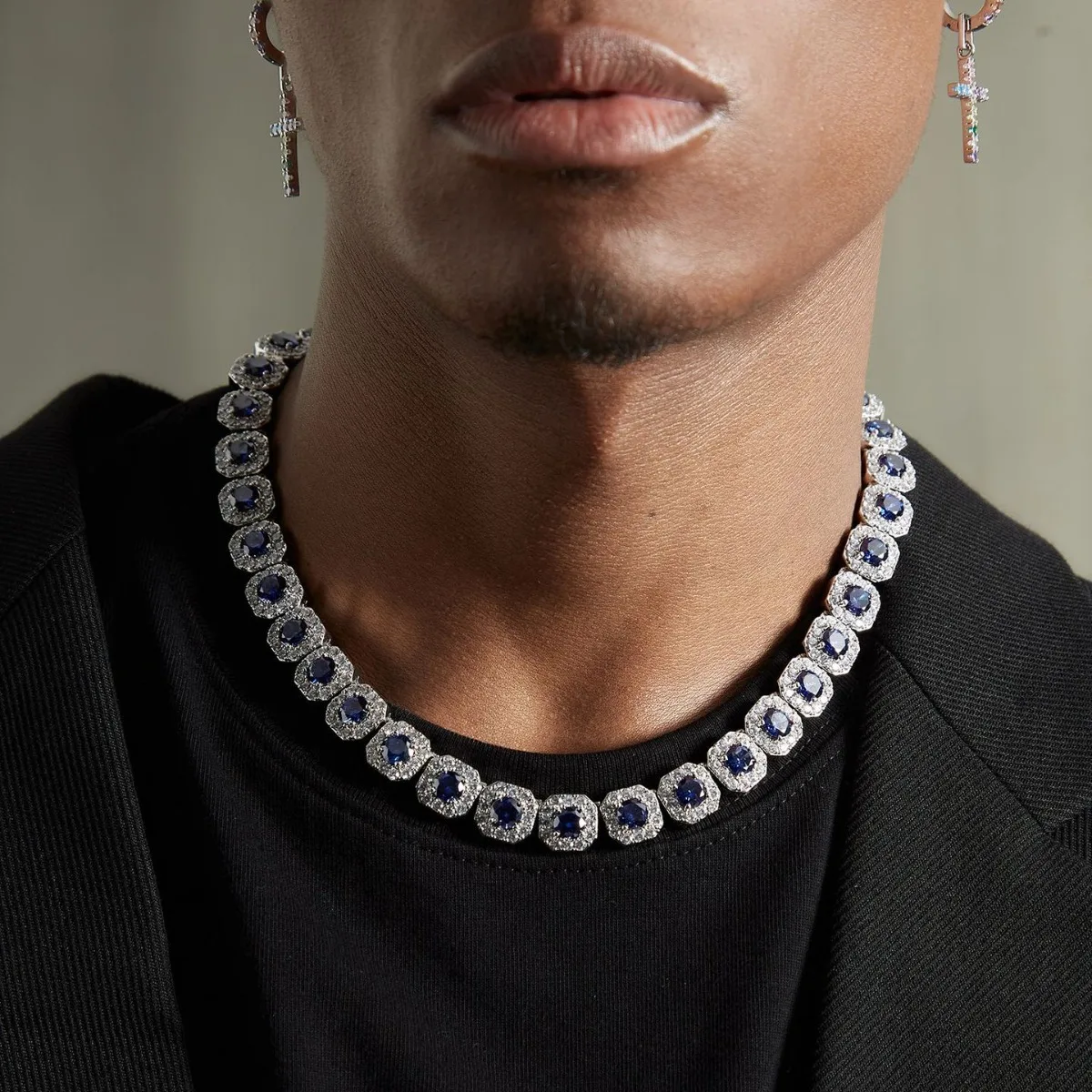 Mens Necklace 925 Silver Dark Blue Dense VVS Moissanite Diamond Tennis Link Chain Support Customization