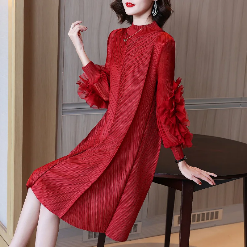 2022 New High Street Pleated Solid Color Spring Summer Party Wedding Women Dress