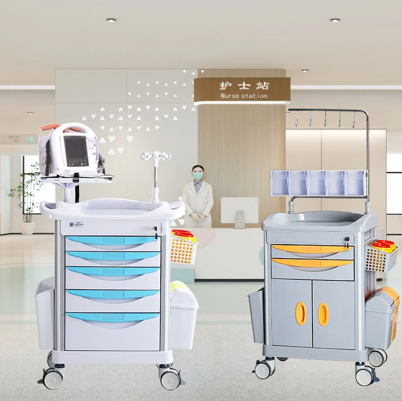 Factory Cheap Hospital Emergency Cart Medical Mobile Crash Drawer Trolley Multifunction ABS Rescue Treatment Trolley With IV sta