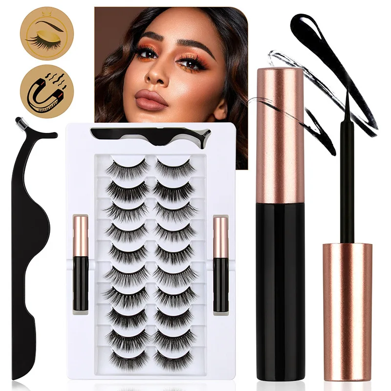Eyeliner liquid magnet false eyelashes 10 pairs/set pack magnetic glue-free 3D natural eyelashes