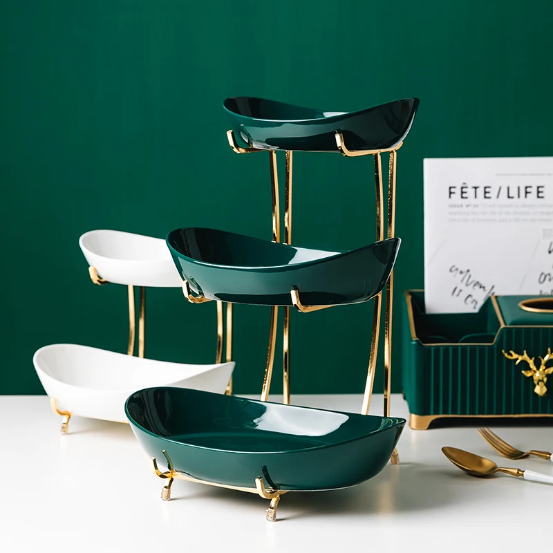 
Jade-cer European style luxury multi-layer fruit tray ceramic metal cake plate wedding hotel dessert plate display stand 