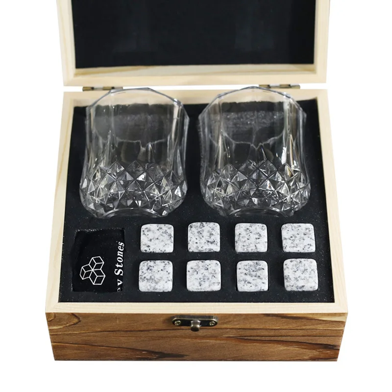 Cheap Granite Rock Ice Cube And Reusable Whiskey Stone Gift Set For Christmas Gift Package And Whiskey Glass Set With Wooden box