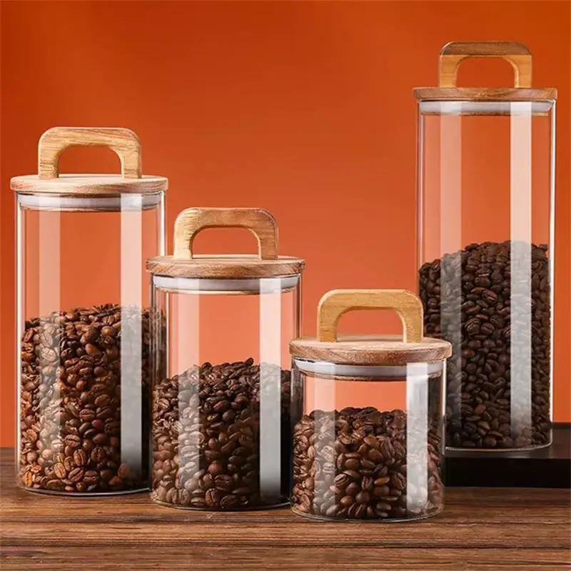 Kitchen Multi-grain Orange Peel Coffee Beans Glass Sealed Storage Tank Large Capacity Multi-size Solid Wood Cover Storage Tank