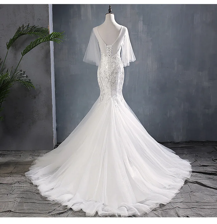 2019 Real Photo Short Batwing Sleeve Mermaid Gown sweep train lace up back Fish Tail wedding dress