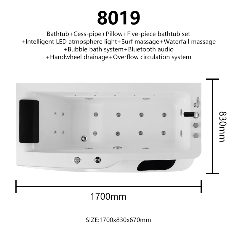 Whirlpool Waterfall Bathtub LED circular waterfall Bluetooth speaker with pillow