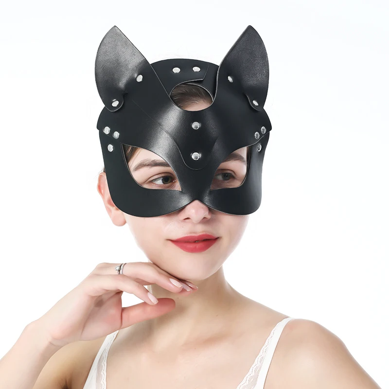 Half Eyes Cosplay Mask Face Cat Leather Harness Mask  Women Leather Fun Cat Mask Black Halloween