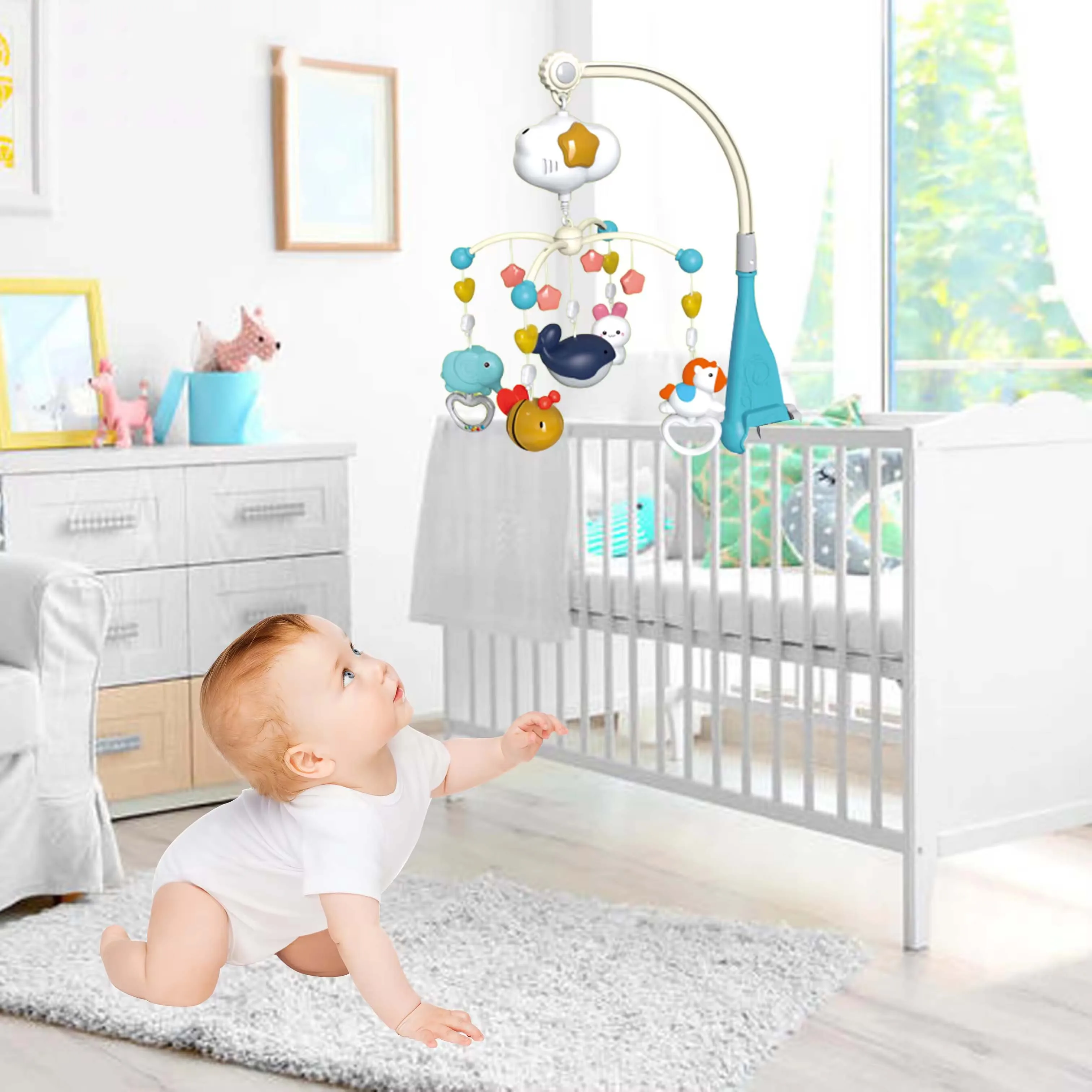 2024 Baby hot sale cloud music sleeping bed bell toy cartoon animal projection hanging mobile crib rattle toy