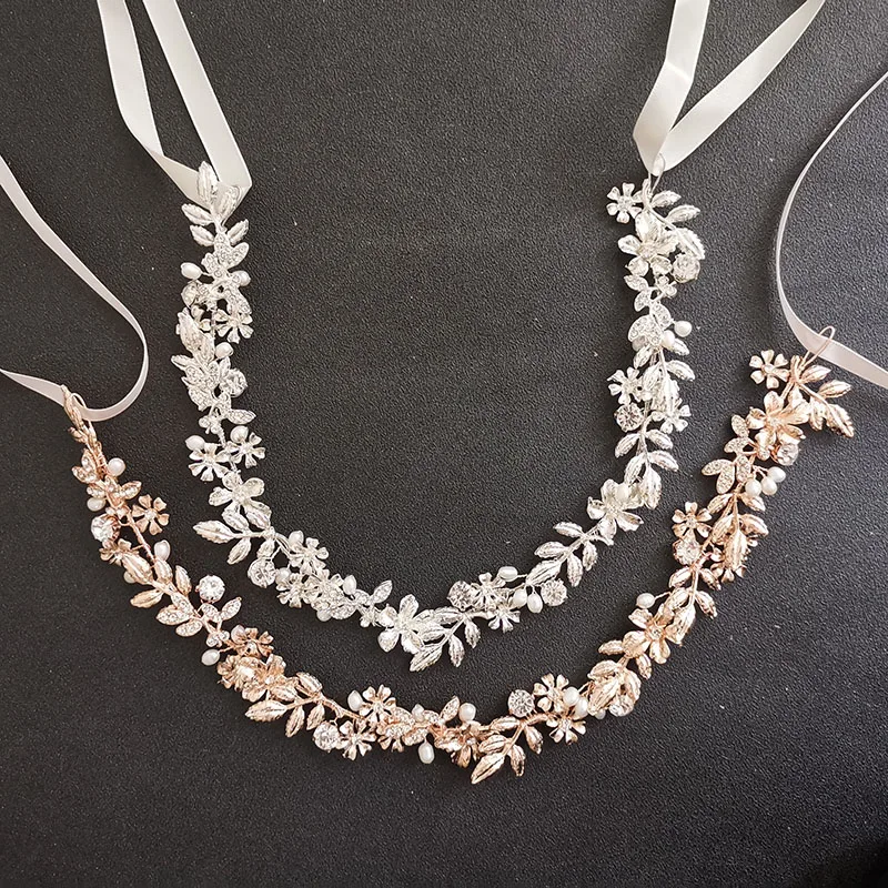 SLBRIDAL Handmade Alloy Flower Leaf Freshwater Pearls Zircon Bridal Hair Vine Headband Wedding Hair Accessories Women Jewelry