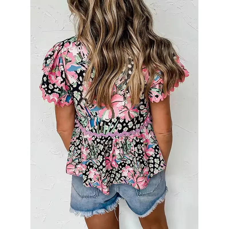 Dear-Lover Wholesale Private Label Woman Shirt Top Blouse Elegant Ricrac Stitching Floral Leopard Short Sleeve Lady Blouses
