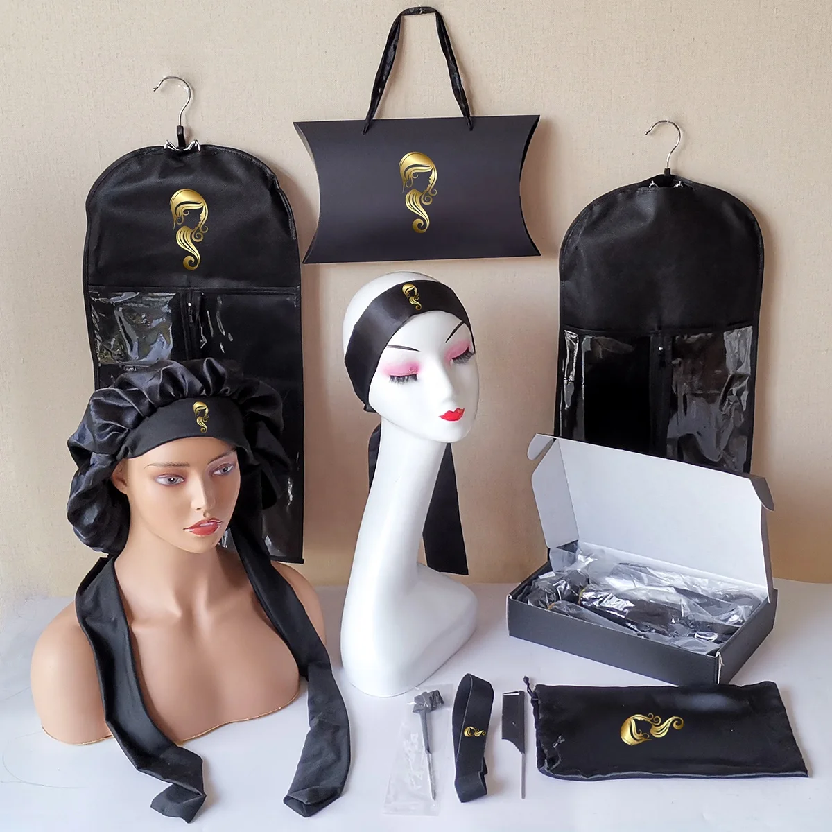 Easy shopping here custom weave wig hair extensions 3 bundles Satin Silk Bag pillow box tag sticker Wig packaging sets