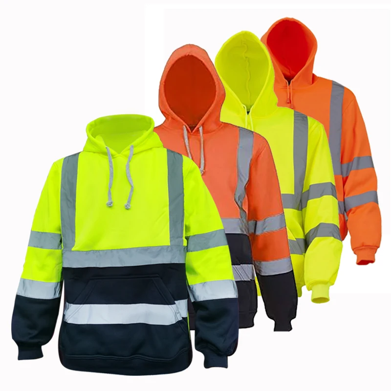 High Visibility Hoodies Reflective Pullover Sweater EN ISO 20471 ANSI Class 3 Flu Yellow Long Sleeve Safety Sweatshirt