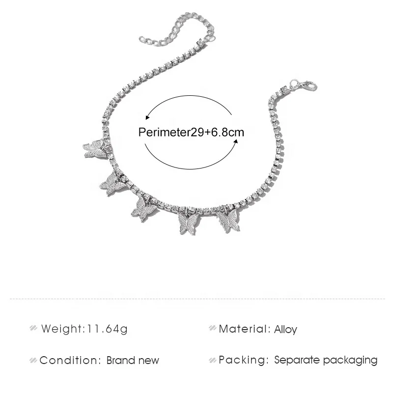 Diamond Butterfly Design Fashion Summer Beach Barefoot Sandals Ankle Foot Accessories Gold Filled Zircon Anklet for Women