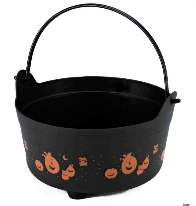 2024 Hot Sale Halloween Plastic Black and Orange Halloween Candy Bucket Print With Witch for Kids Halloween Bucket