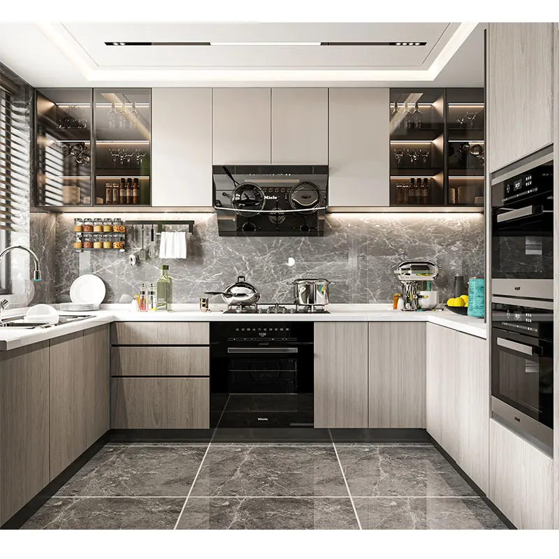 Classic Simple Wood design Metal Furniture ECO Friendly Fireproof Water Resistant Modular Aluminium Kitchen Cabinet