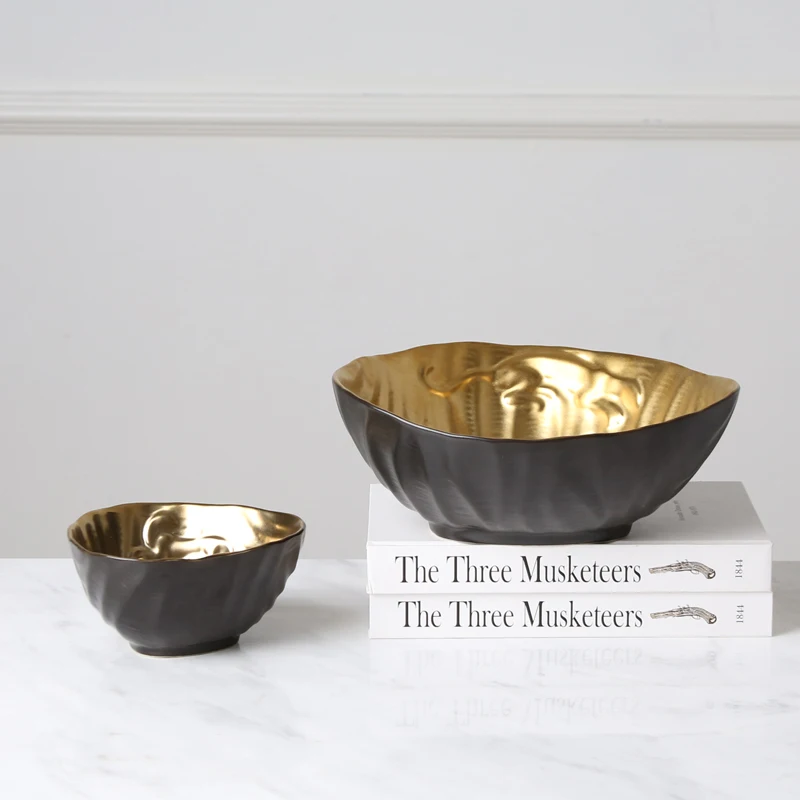 
Oval golden painted inside lacquer bowls ceramic decorative fruit bowl 