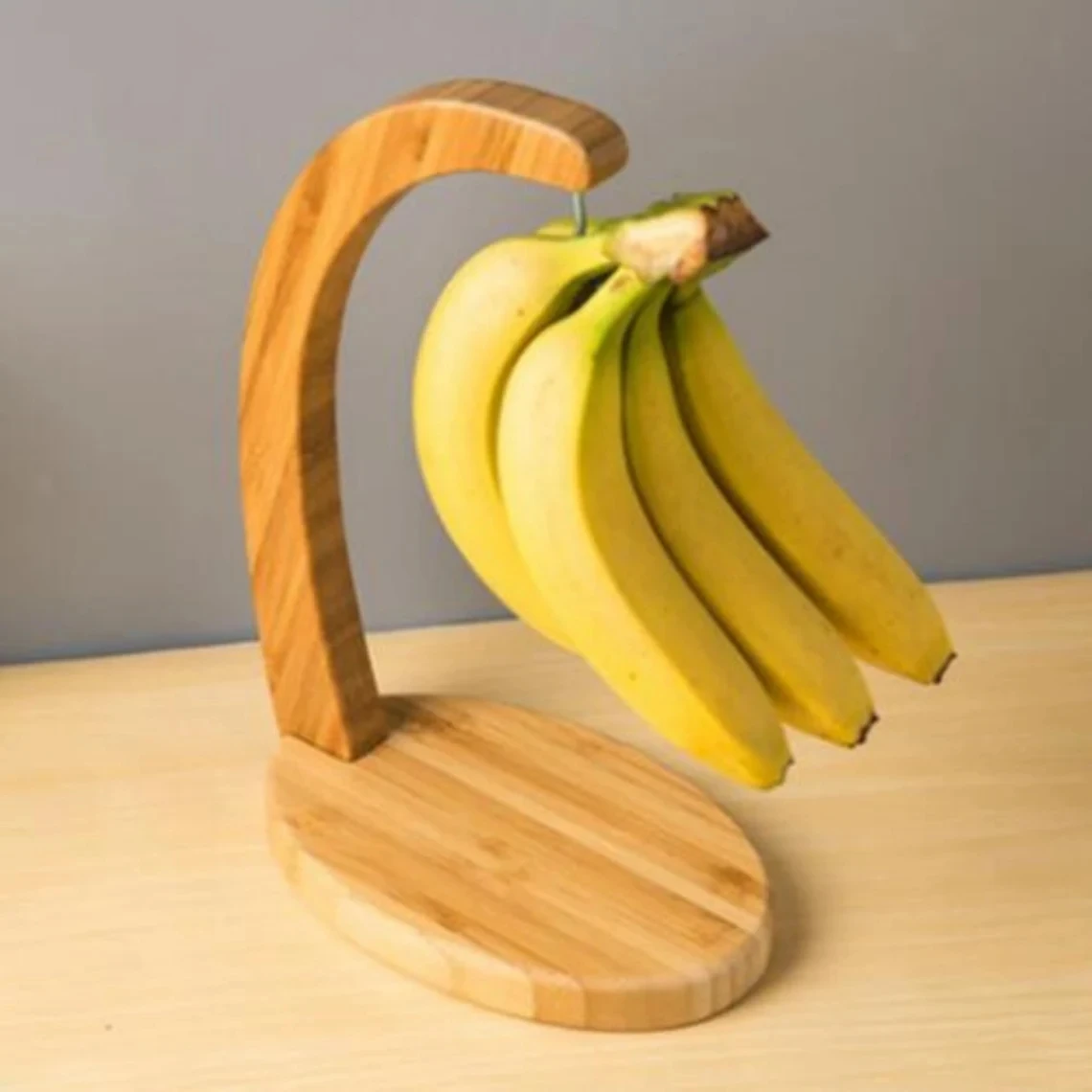 Kitchen Bamboo Wooden Grape Banana Holder Display Stand Banana Hanger Hook Hanging Fruit Rack Organizer