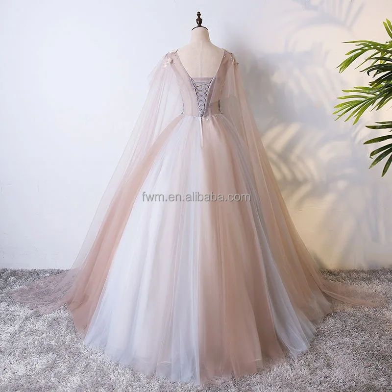 Custom Made A-line 2 Colors Tulle Tiered Evening Party Dress with Long Shawl Applique V-neck Bride Gown for Women