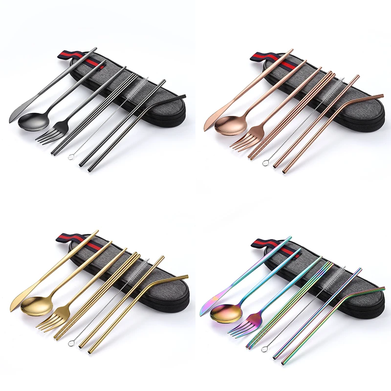 Stainless Steel Travel Camping Cutlery Knife Fork Spoon Chopsticks Set With Case,Lunch Box Utensils, Portable Silverware Set