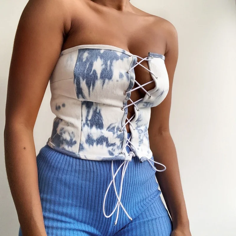 
2020 Sleeveless Sexy Off The Shoulder Tie Dye Jeans Women Corset Crop Top And Bustiers 