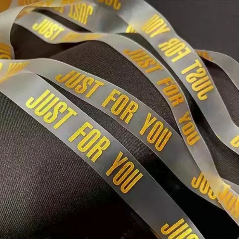 Printed Logo Decoration Gift Ribbon  Transparent Silicone Matte Clear Ribbon Grosgrain Satin Ribbon With Gold Foil Logo