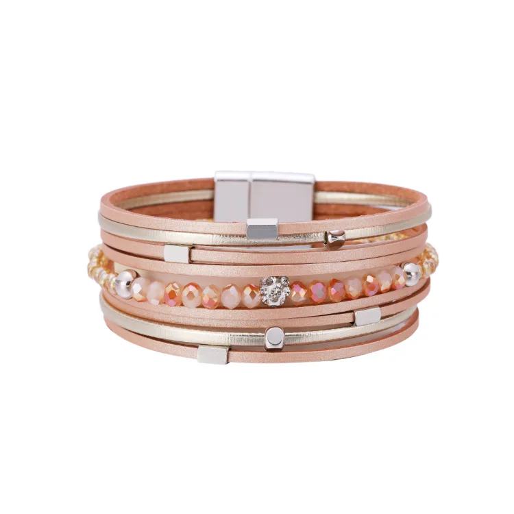 Bohemian Ethnic Style Jewelry Multi Layer Leather Wrap Bracelet Fashion Retro Exquisite Crystal Beads Wrist Bands