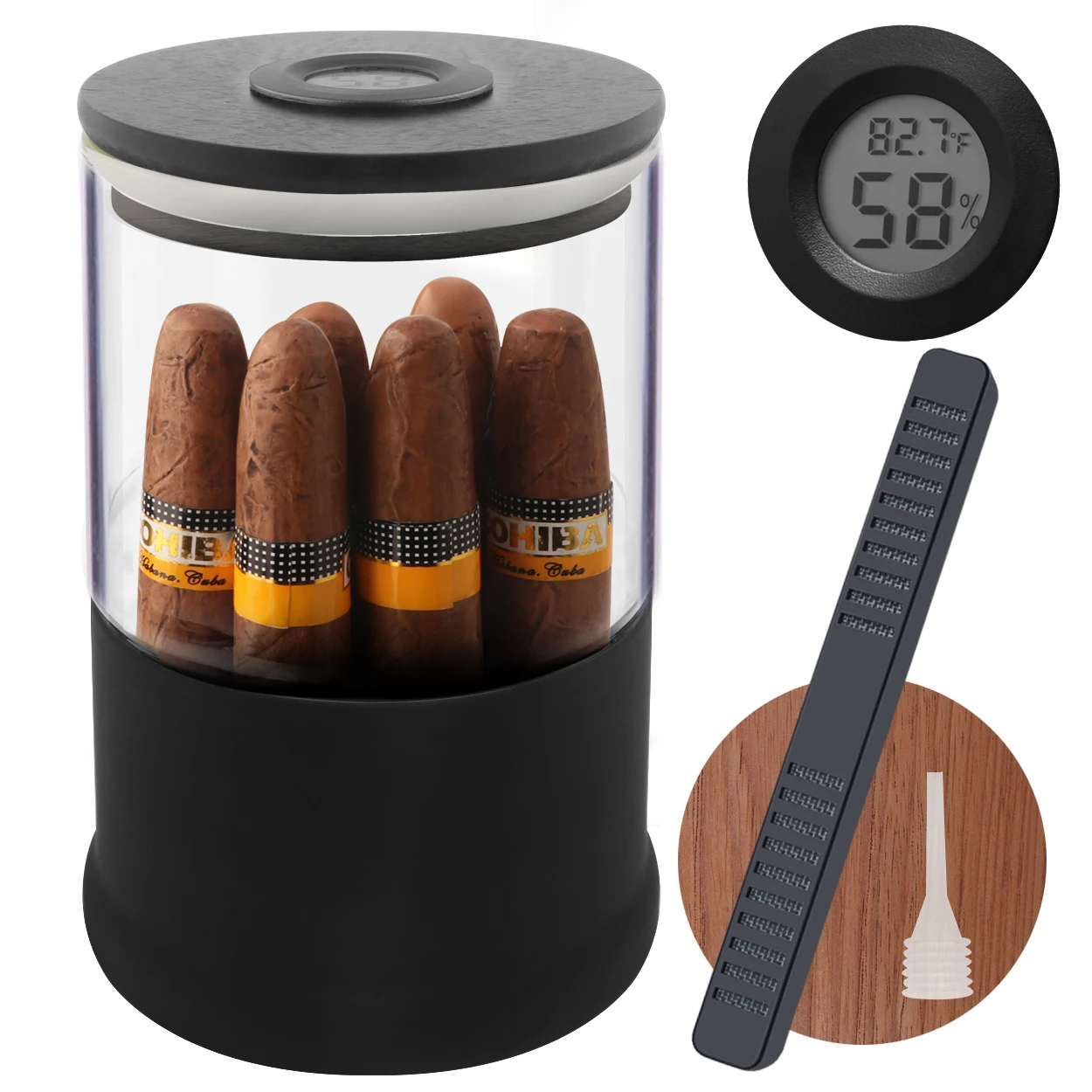 Wholesale Custom Glass Round Cigar Humidor Jar Case with  Digital Hygrometer and Humidifier