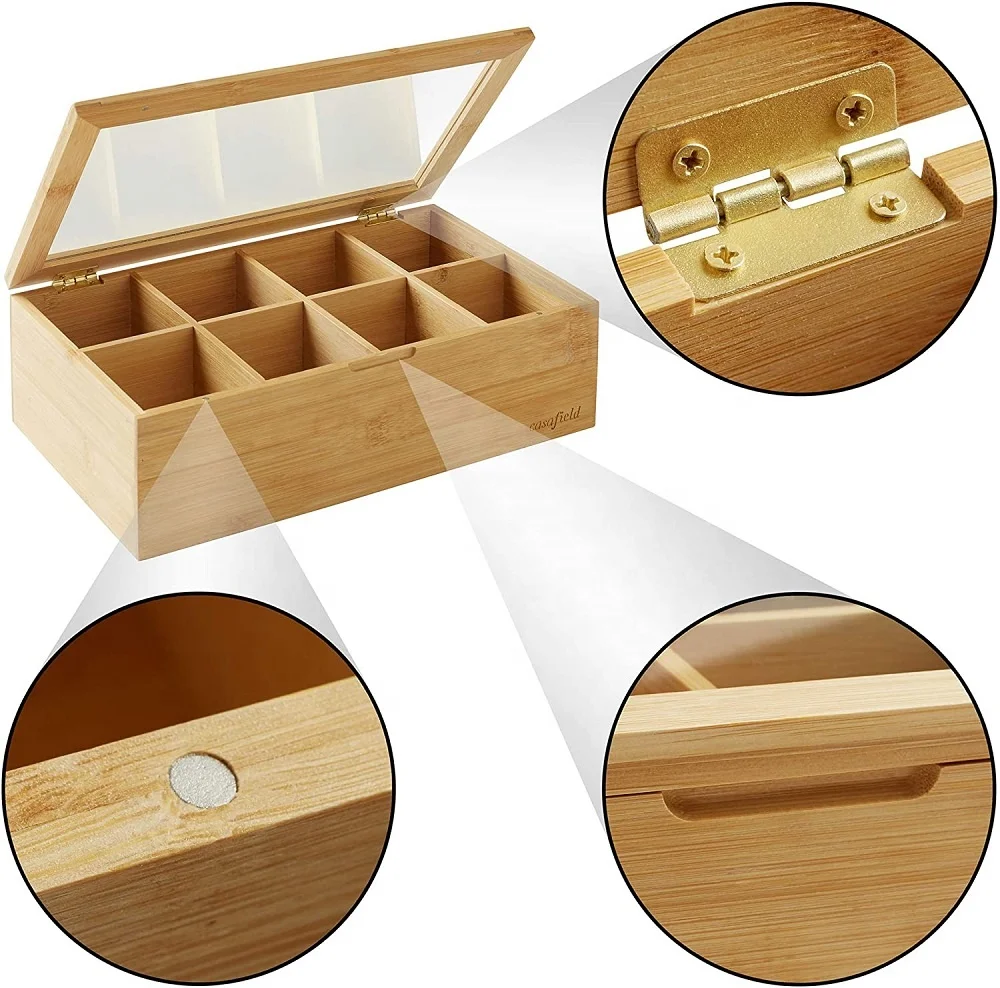 Premium Bamboo Office Organizer Box with 8 Equally Dividers for Tea Bag Storage Organization Multifunction Jewelry Box