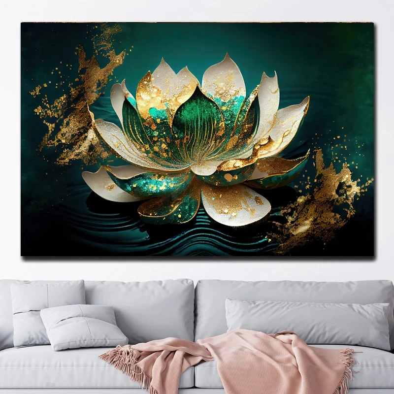 Floral with abstract green white flowers Canvas wall art Gold foil floral poster living room decorative painting