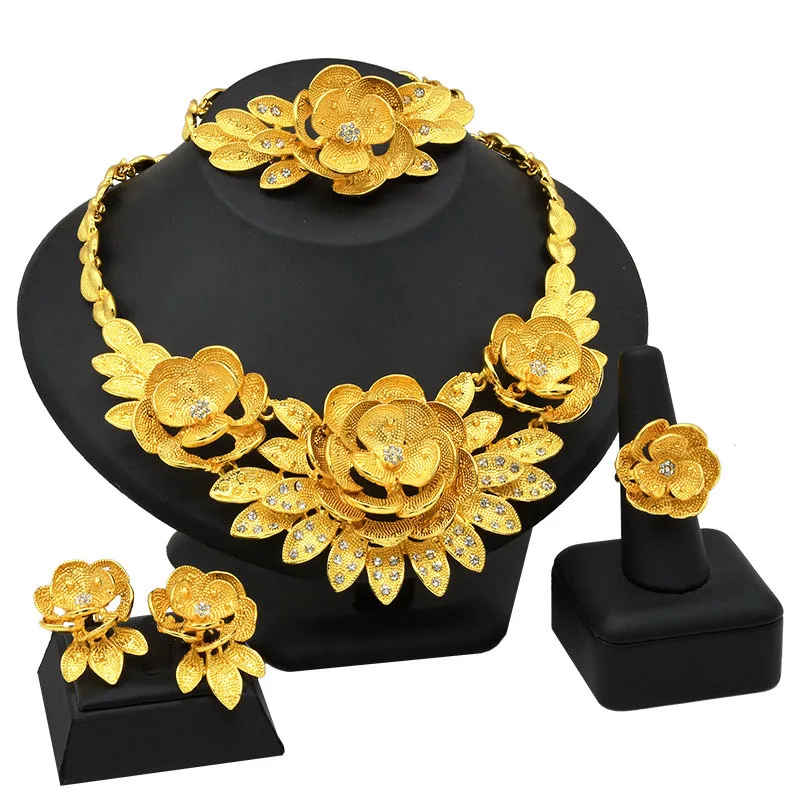 In Stock Small MOQ Wholesale 24K Gold Plated Dubai Jewelry Set Wedding Bridal Flower Jewelry 2022