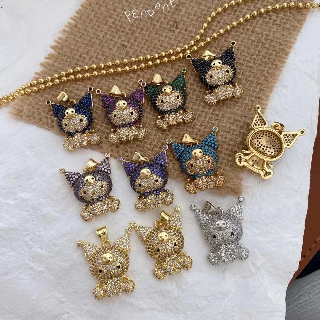 JB 18k Gold Plated Kuromi Animal Ice Out Zircon Necklace Christmas Cubic Zircon Crystal Cute Animal Pendant Chains Jewelry