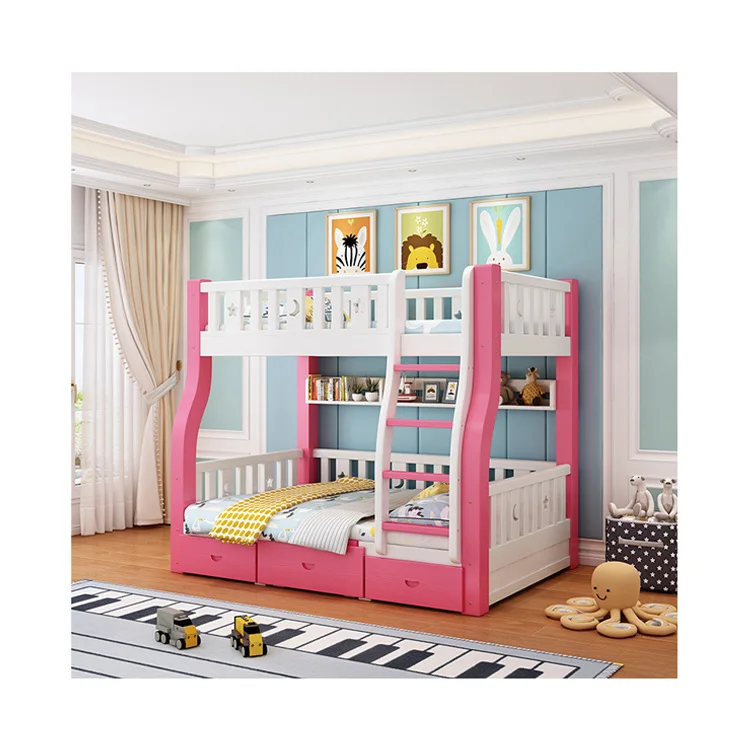 Комплект детской мебели для спальни, современный дизайн, розовая однотонная деревянная двухъярусная кровать для девочек, детская двухъярусная кровать