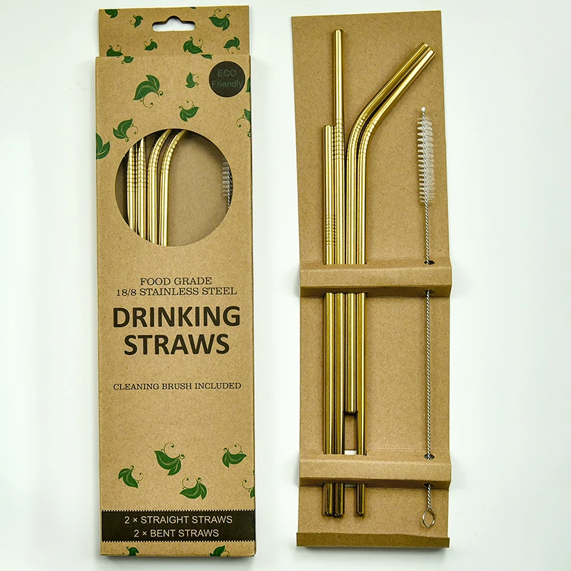 Factory Price Reusable Metal 18/8 Straws Gift Box Custom Printed logo Straw Cleaning Brush
