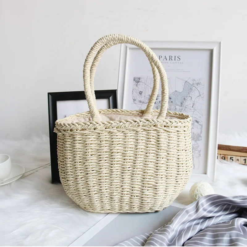 Rattan Wicker Straw Tote Bag Wicker Round Beach Bag Thailand Straw Bags with Drawstring