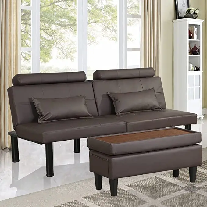 Futon Sofa Bed Tufted Loveseat Futon Couch with Ottoman/Coffee Table, Convertible Folding Recliner Sleeper