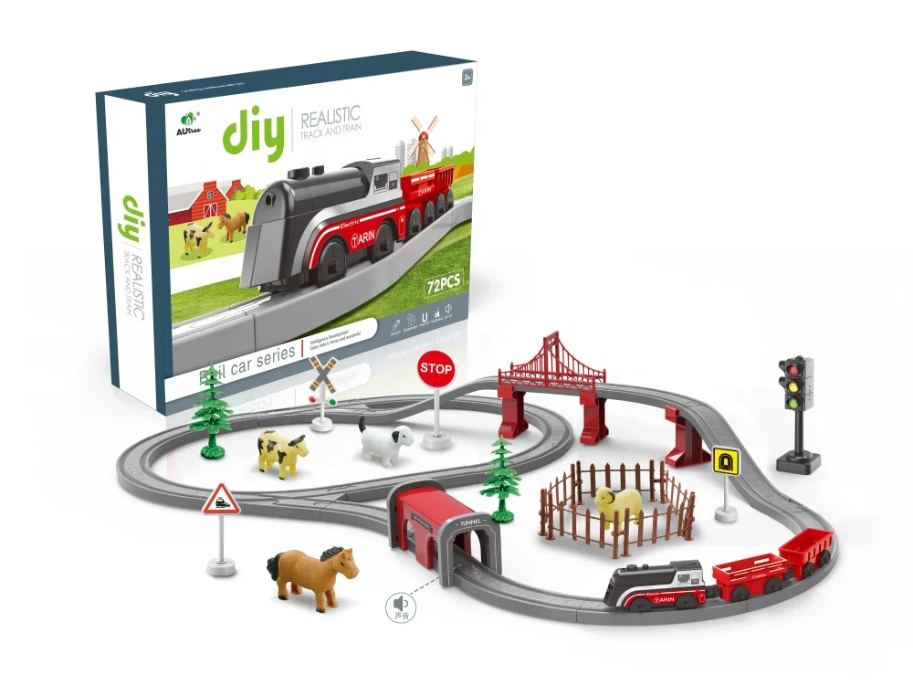 Hot Sale Modern Electric Train Track Electric Railway puzzle assembled track train set slot toys with alloy metal race cars