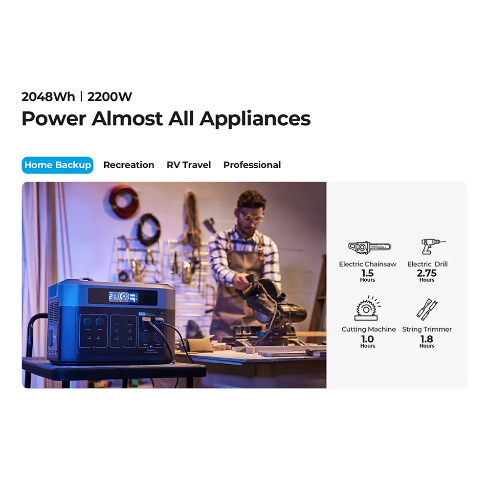 EVE 2200W 2048Wh LiFePO4 Lithium Battery Power Station Solar Generator with Flashlight Home Battery Backup Solar Panel Power