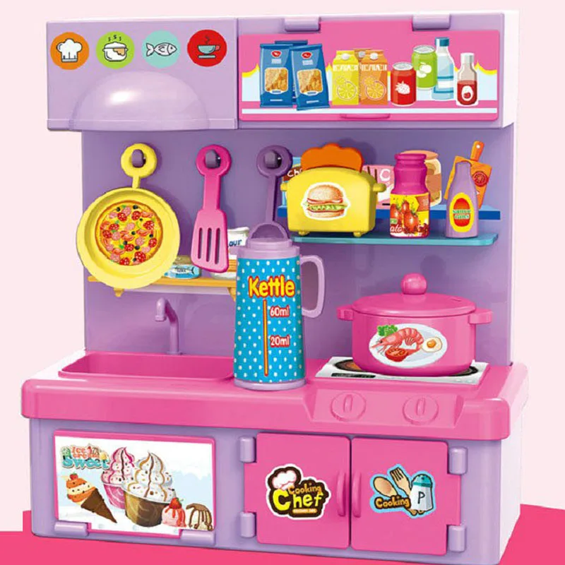 2022 Cooking playing set birthday gift Pink Kitchen set toy cooker with cabinet and tableware kitchen toy
