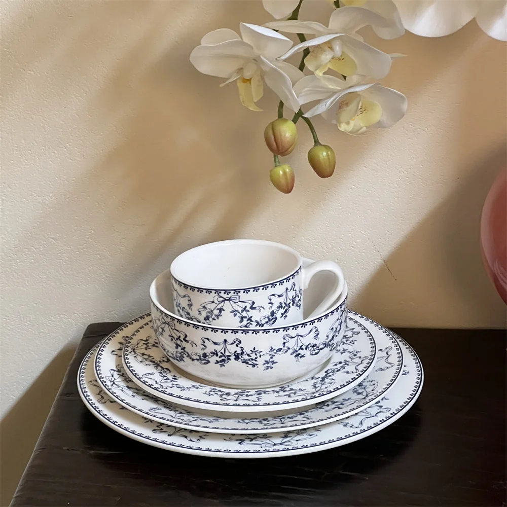 Vintage French Blue Flower Medieval Ceramic Dinnerware Set Porcelain Bowls Dinner Plates Dishes Tea Cups Tableware Sets