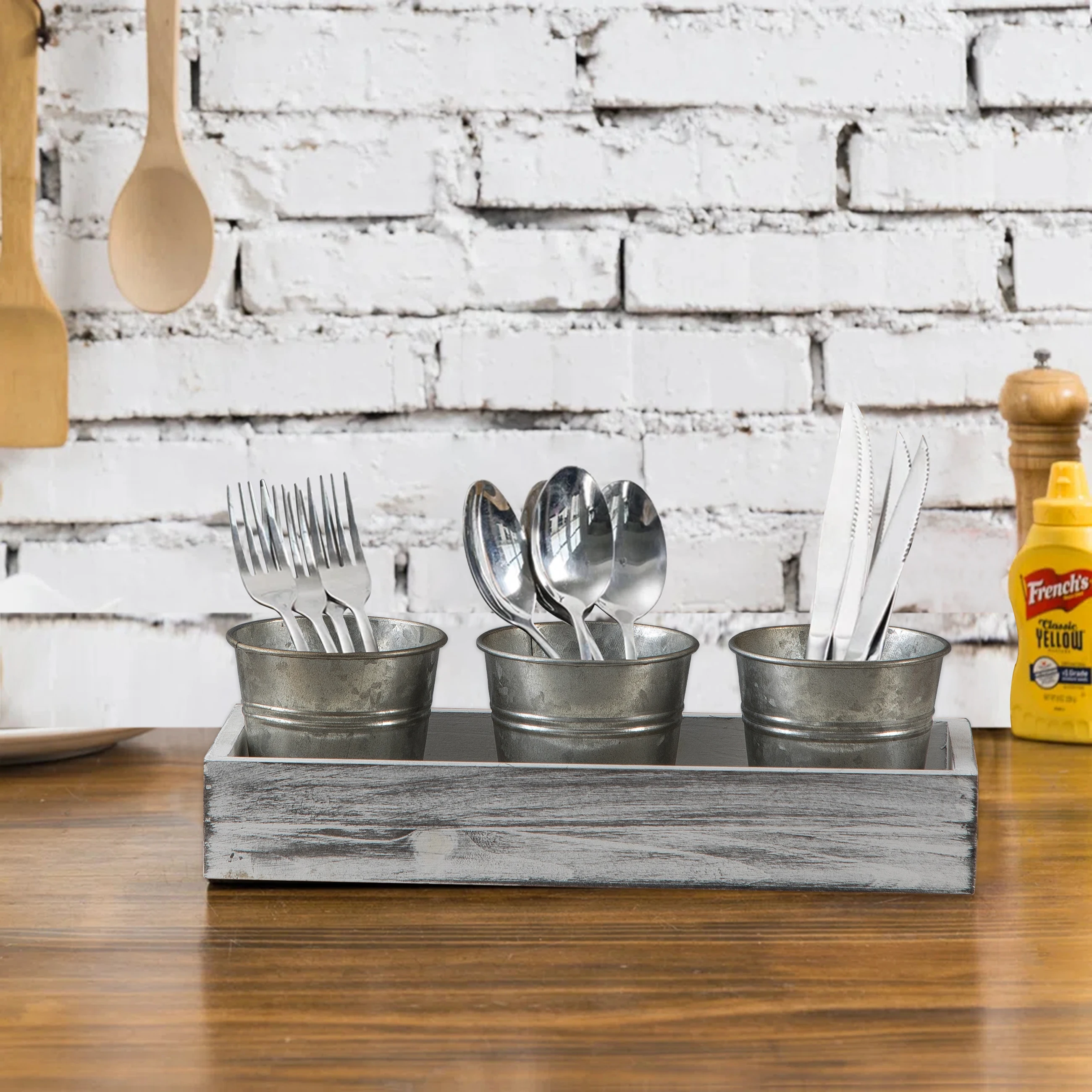 Handmade Herb Garden Planter Set Tray Metal Windowsill Plant Pots Rustic Wood Metal Galvanized Succulent Flower Planter Pot Set