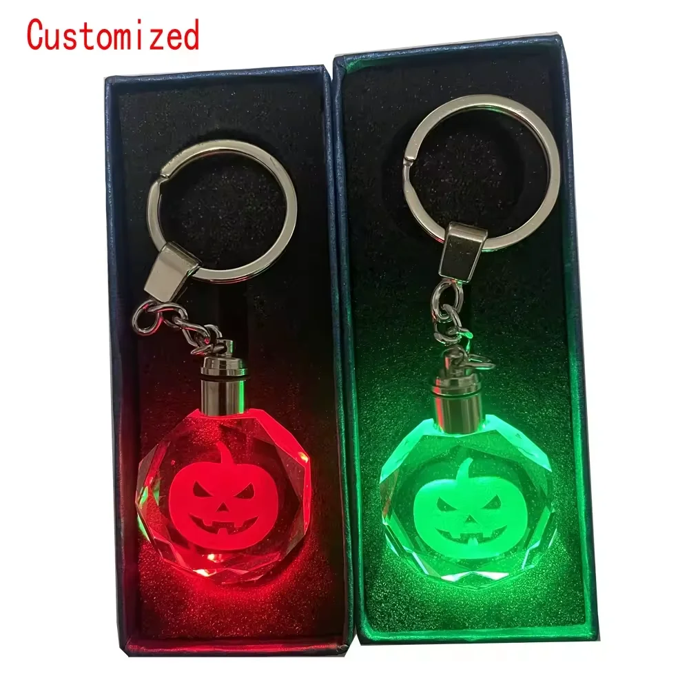 wholesale hallowmas gift 3d laser crystal keychain with led light custom glass diamond keychain for holiday  gifts