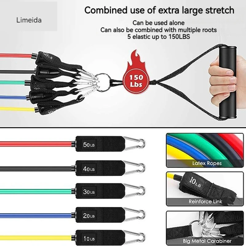 Customize 11 pcs 150lbs pull rope stretch resistance bands set fitness tube for home gym yoga pilates abs exercise