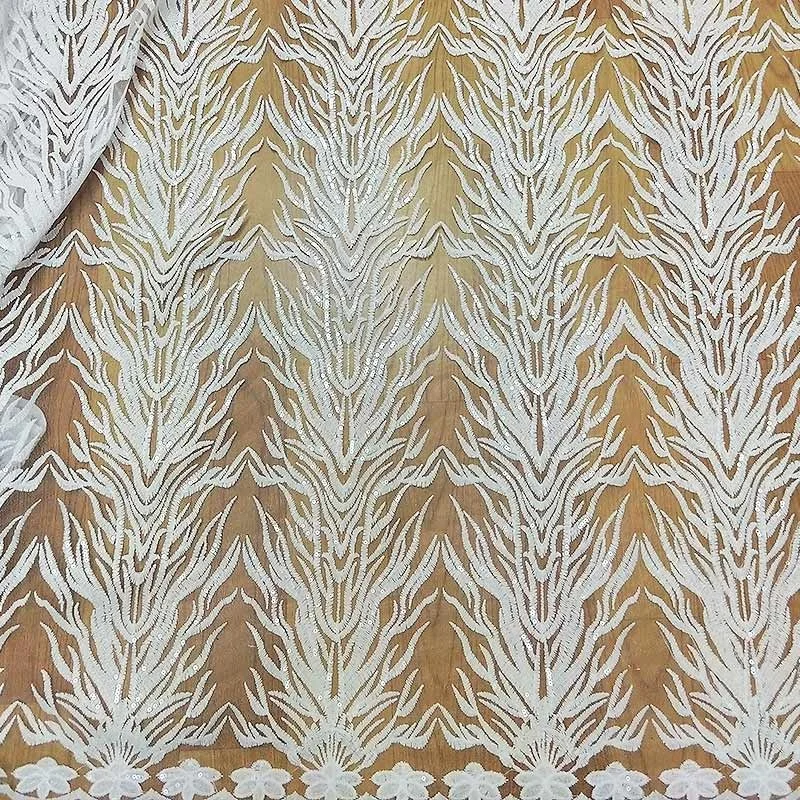 white bridal dress embroidery sequin french net lace fabric with beads african tulle lace fabric for wedding in stock
