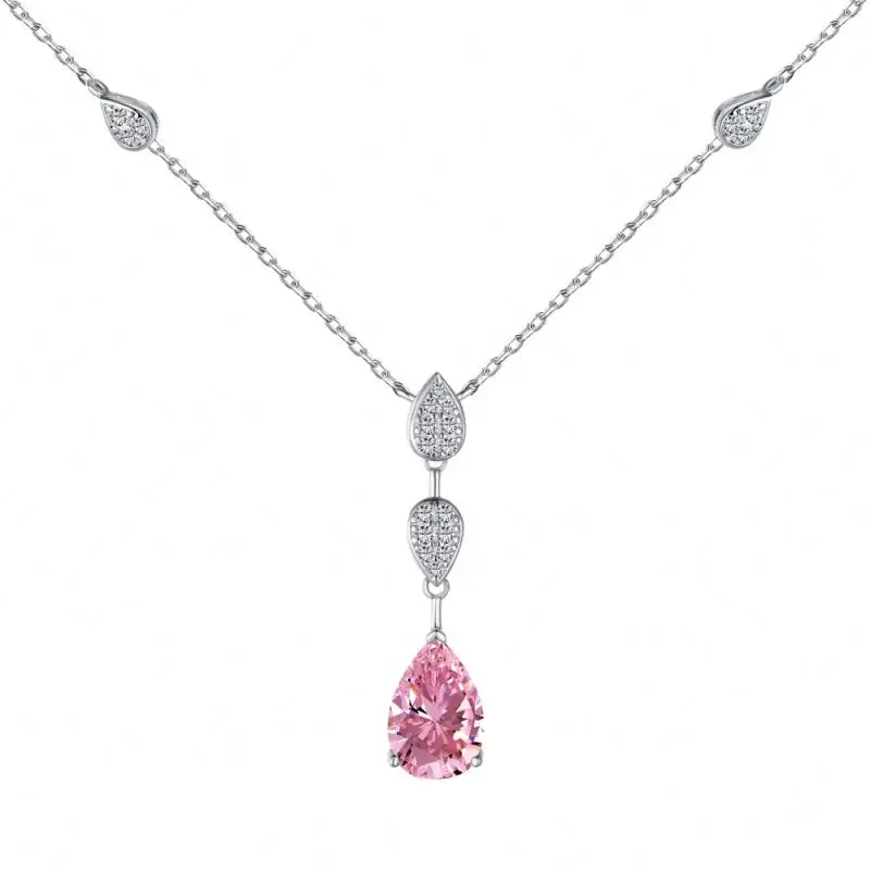 New Arrival Elegant Accessories Chain 925 Sterling Silver Cubic Zirconia Blue Pink Water Drop Pendant Necklaces  Jewelry Women